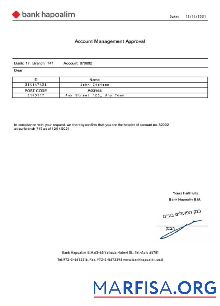 Blank Israel Bank Hapoalim Account Management Approval example